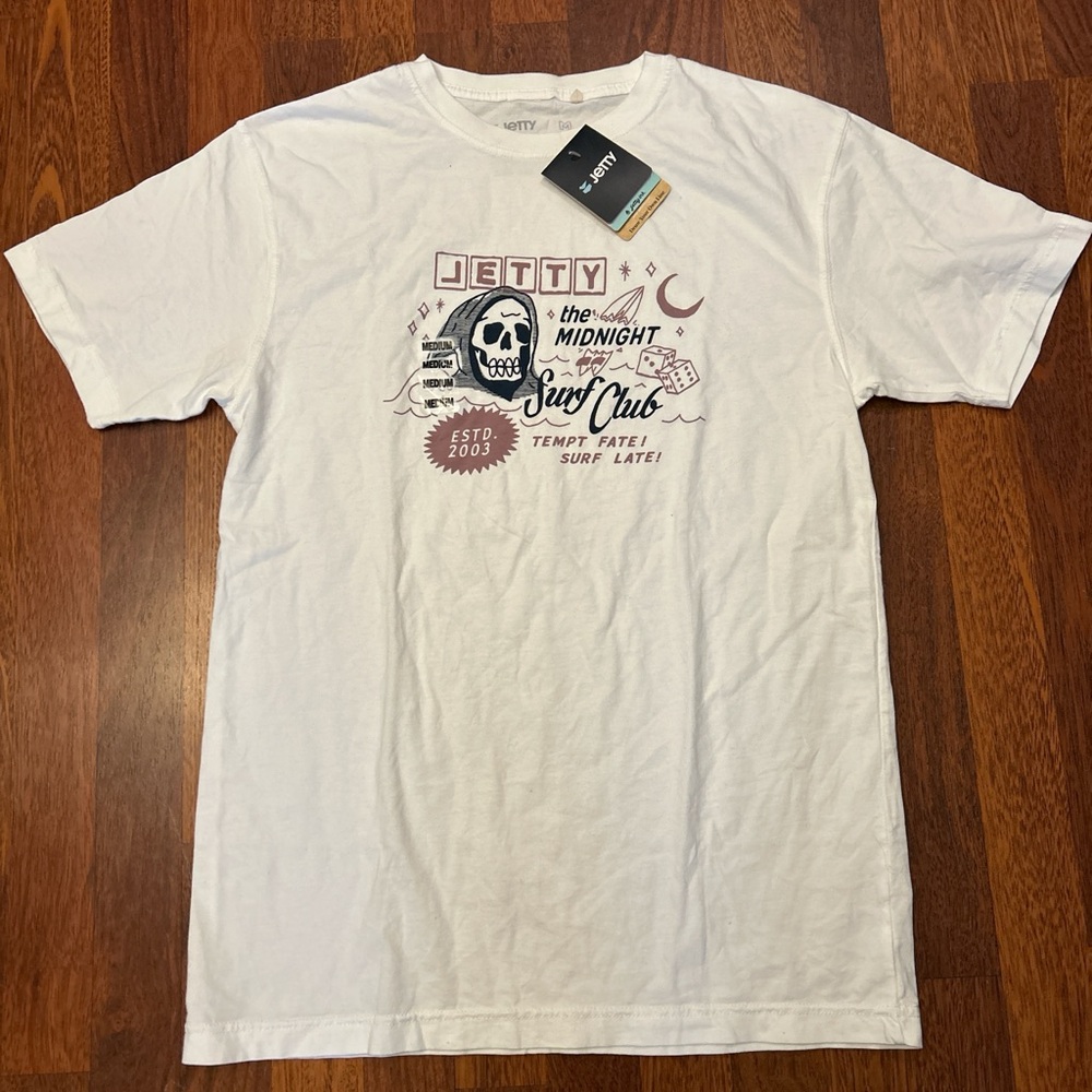Jetty Grim Reaper Surfing Graphic White Tshirt Size Medium NWT Beach Vacation